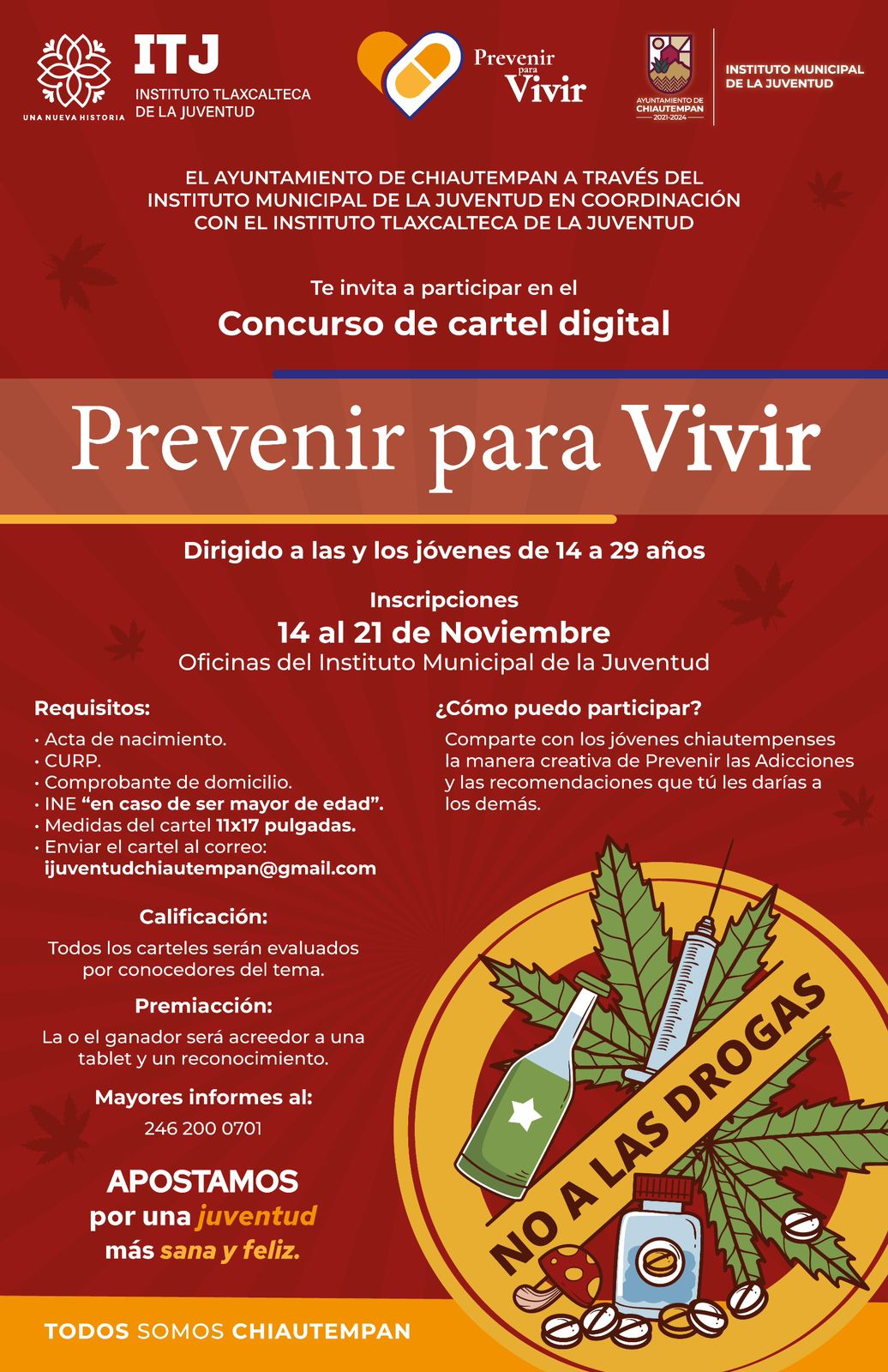 El Ayuntamiento de Chiautempan invita al  concurso de cartel digital 'Prevenir para vivir'